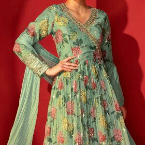 Sage Green Floral Print Anarkali Suit Set With Churidar And Dupatta